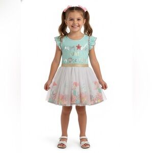 Little Lass Aqua Striped Dress with Red Starfish